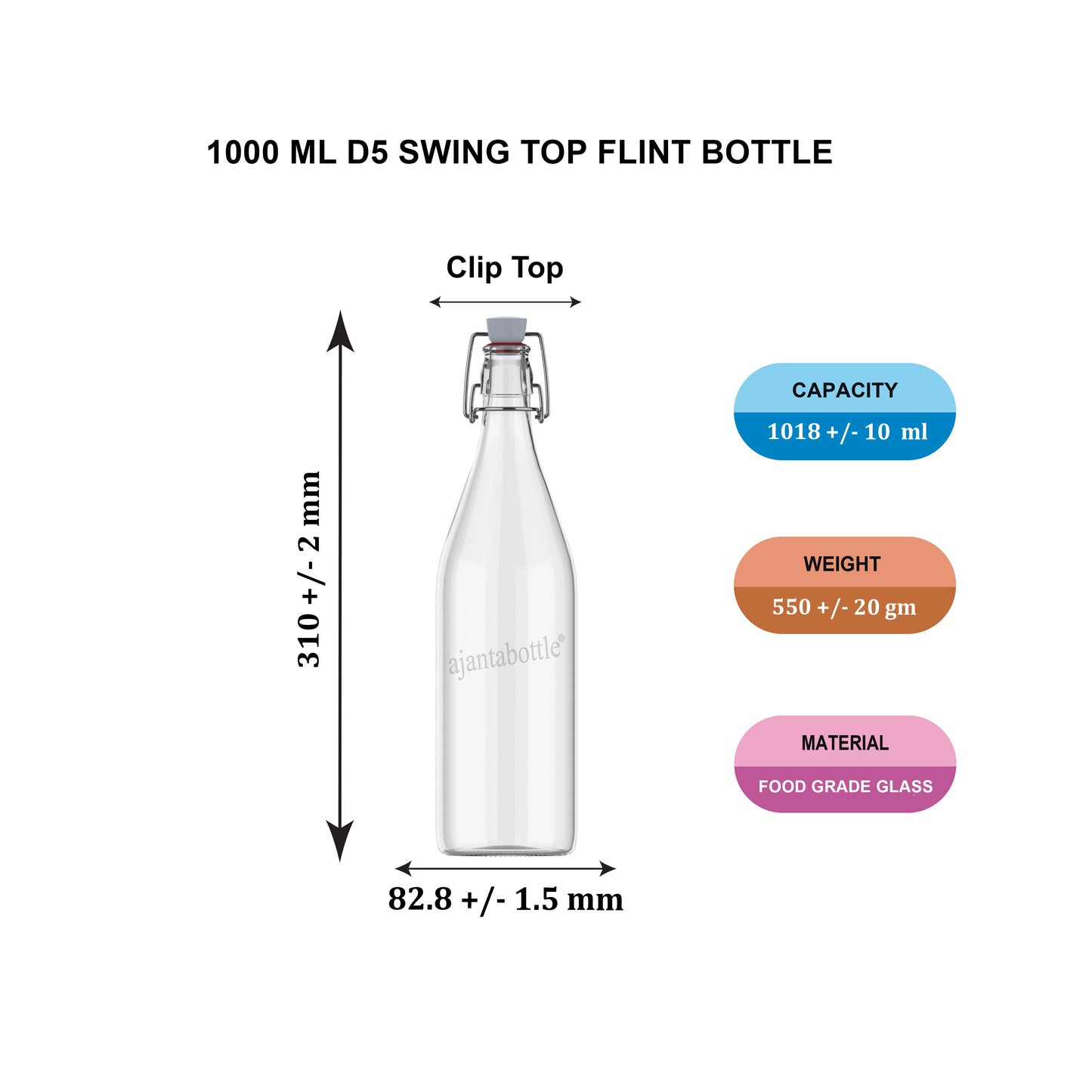 1000 ML WATER D5-CLIPTOP FLINT BOTTLE