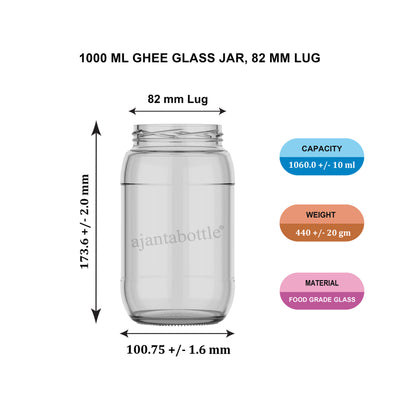1000 ml Ghee Glass Jar 82 mm Lug Neck