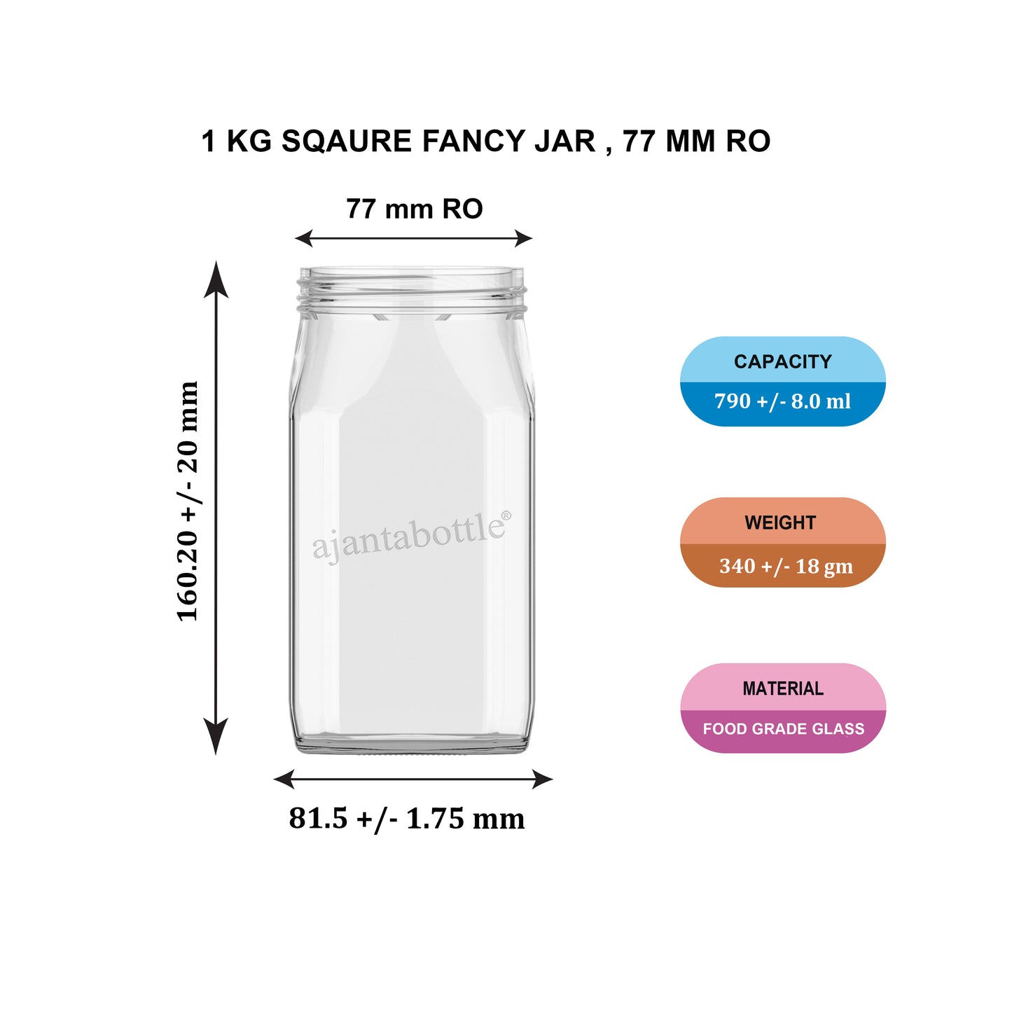 1 Kg Square Fancy (Honey) Glass Jar 77 mm RO Neck