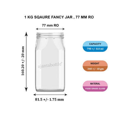 1 Kg Square Fancy (Honey) Glass Jar 77 mm RO Neck