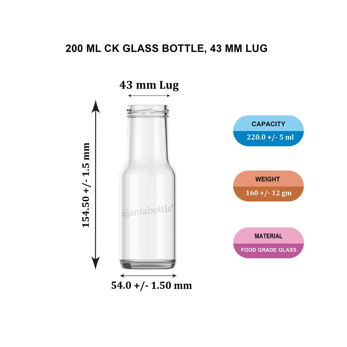 200 ml CK Glass Bottle 43 mm Lug Neck