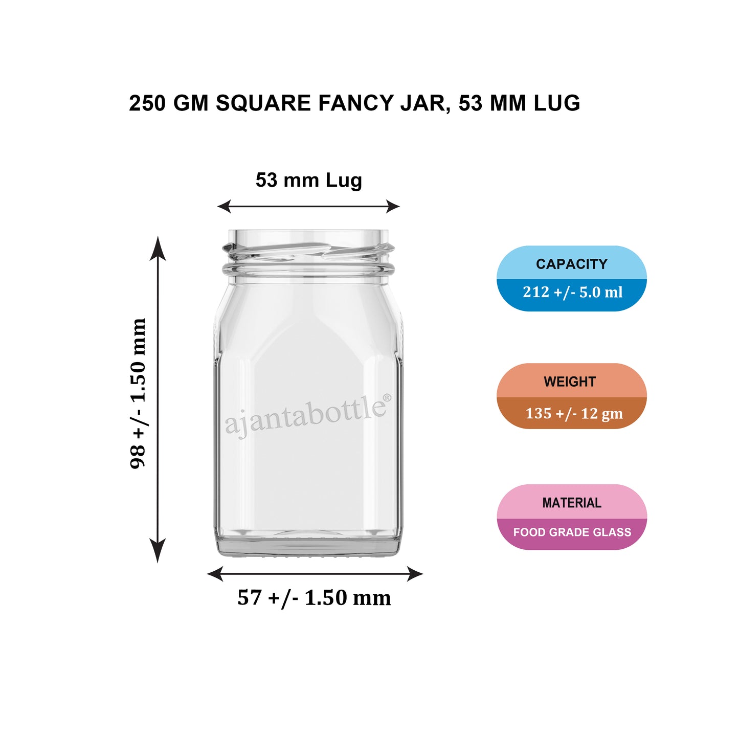 250 gm Square Fancy Glass Jar