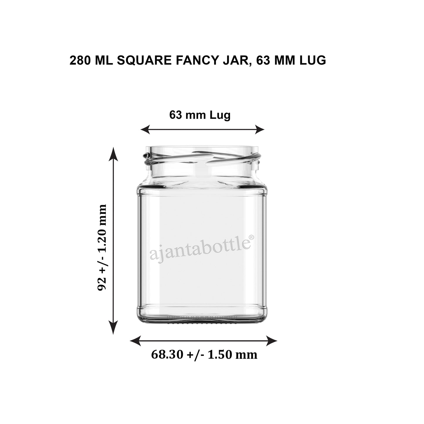 280 ml Square Fancy Glass Jar 63 mm Lug Neck