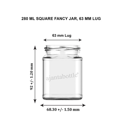 280 ml Square Fancy Glass Jar 63 mm Lug Neck