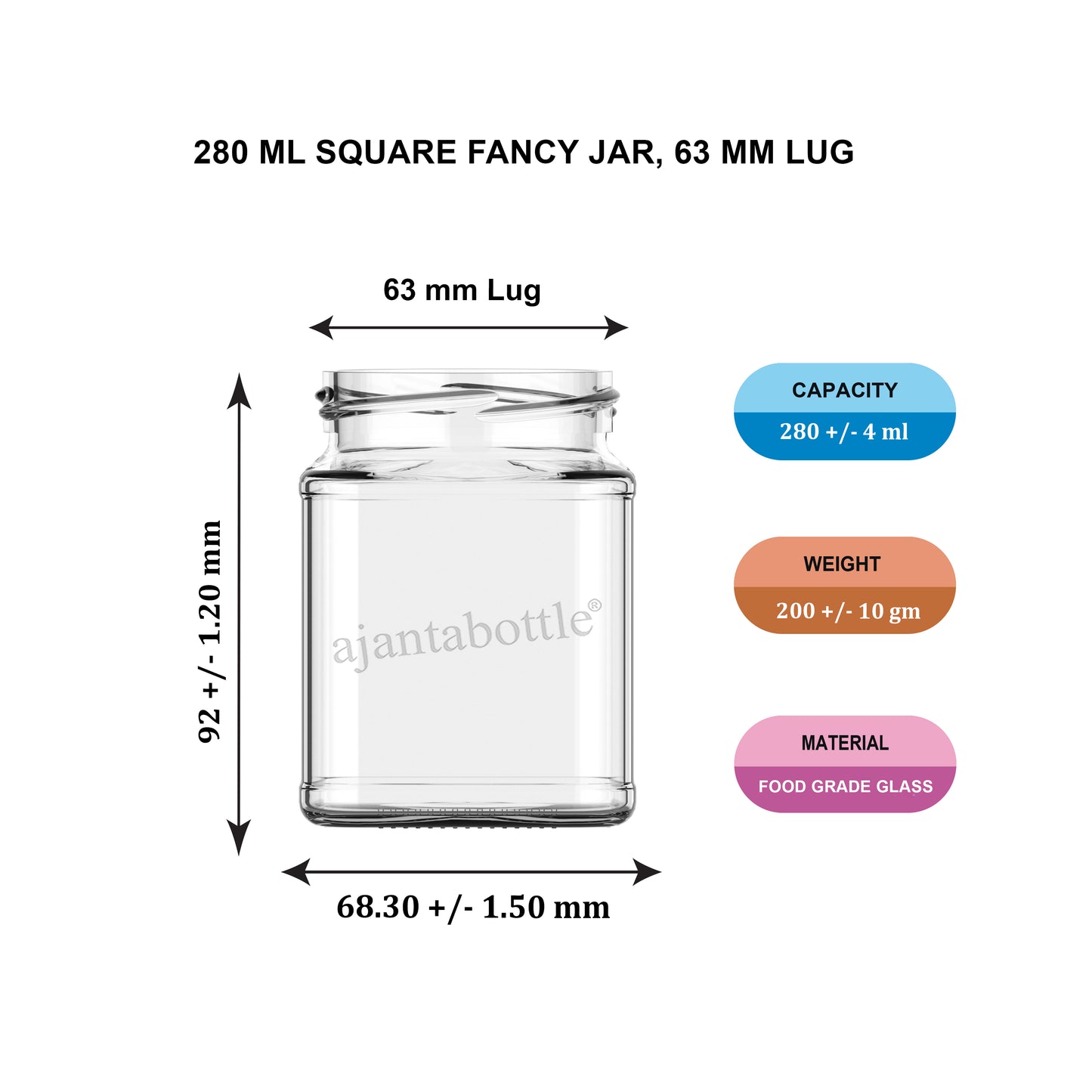280 ml Square Fancy Glass Jar 63 mm Lug Neck