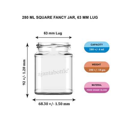 280 ml Square Fancy Glass Jar 63 mm Lug Neck