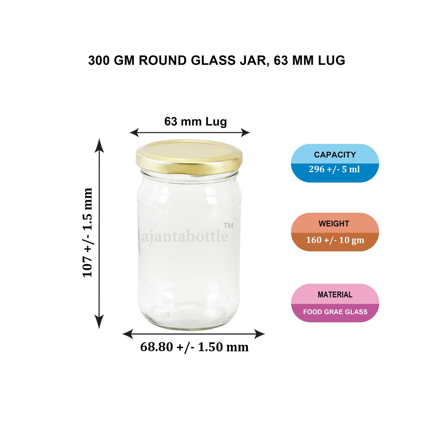 300 GM FLINT ROUND 63MM LUG CAP BOTTLE