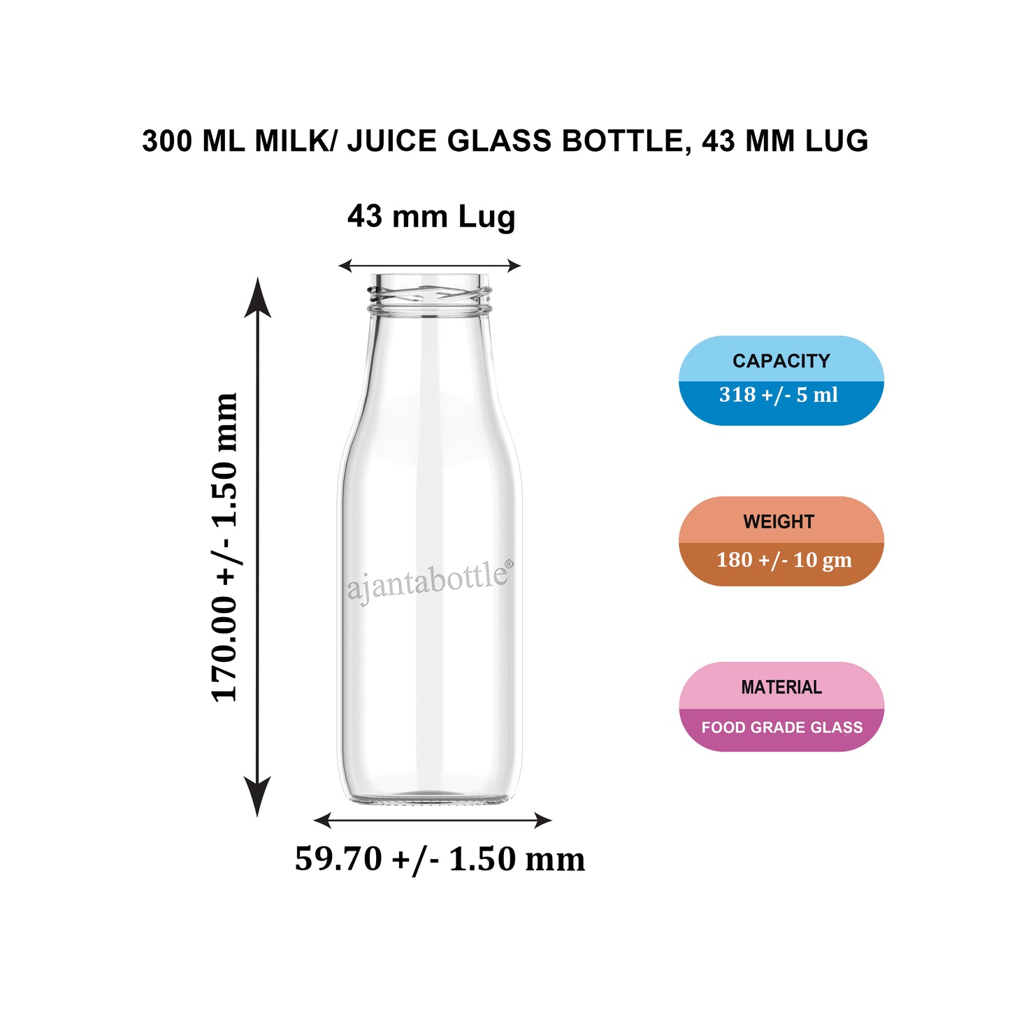 300 ml Juice Round Glass Bottle 43 mm Lug Neck