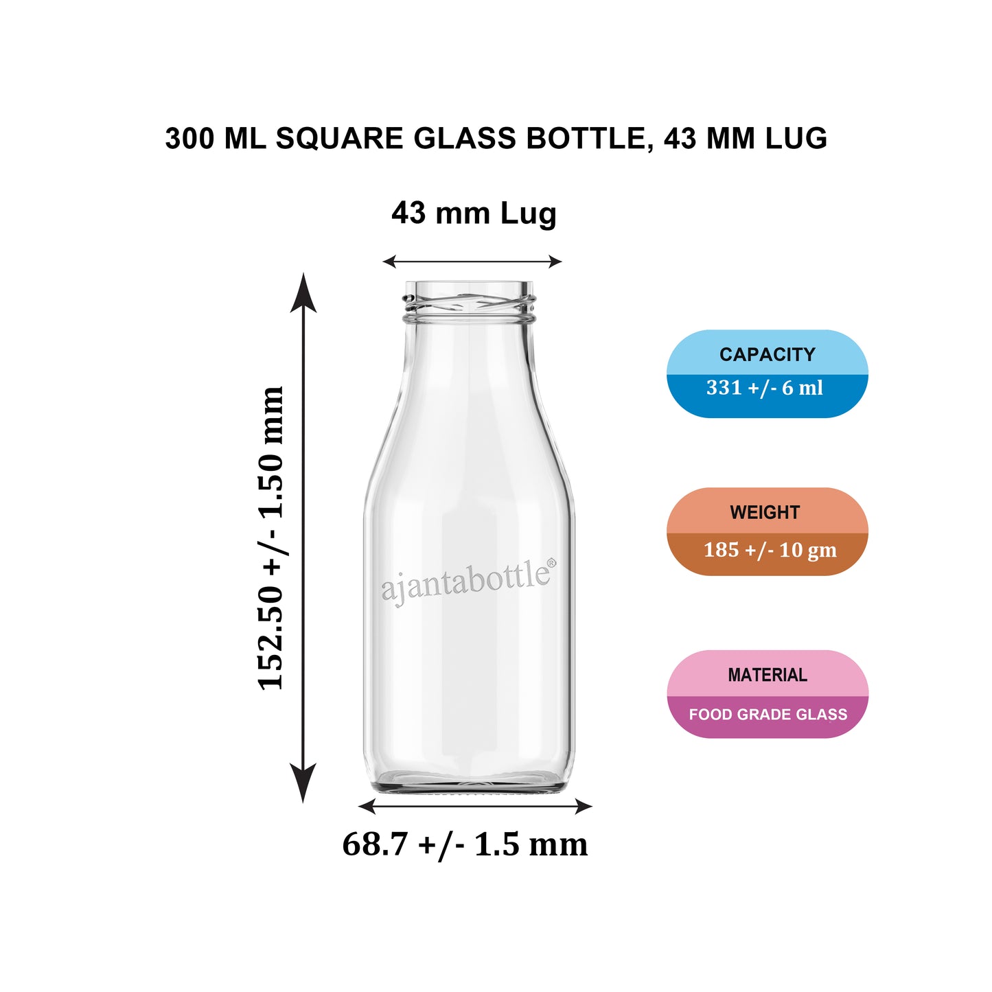 300ml Ajanta Glass bottle (Square)