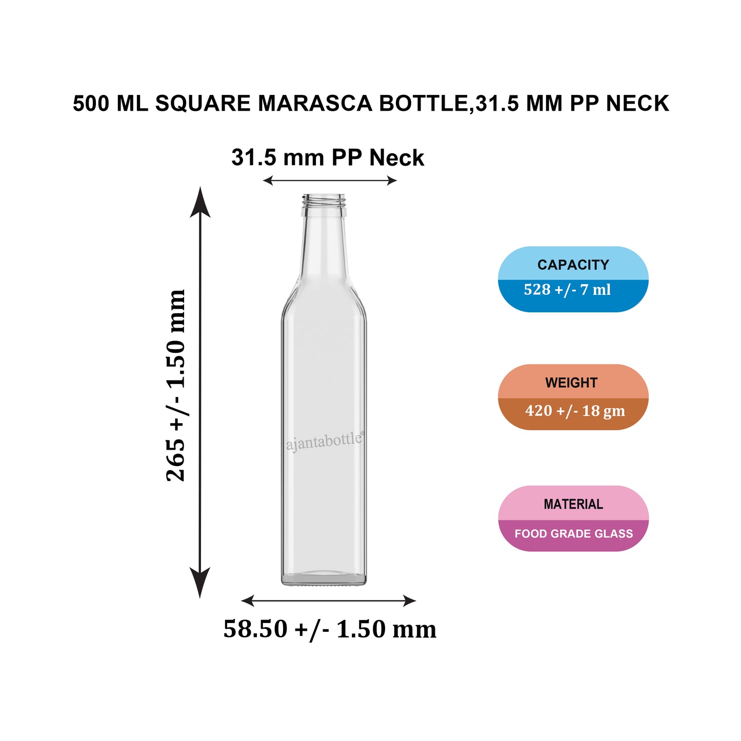 500 ml Square Marasca (Oil) Glass Bottle